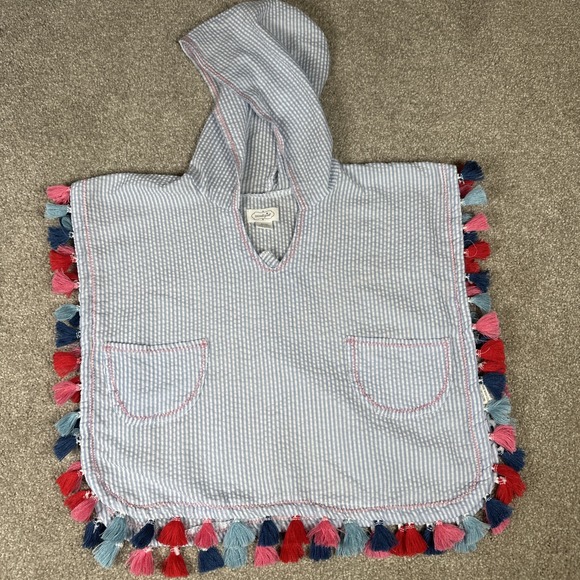 Mud Pie Baby Girls Tassel Swimsuit Coverup Blue‎ Striped Seersucker Small 12-18M - Picture 1 of 9